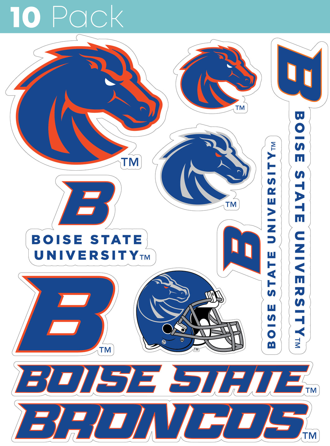 Boise State Broncos 10-Pack, 4 inches in size on one of its sides NCAA Durable School Spirit Vinyl Decal Sticker