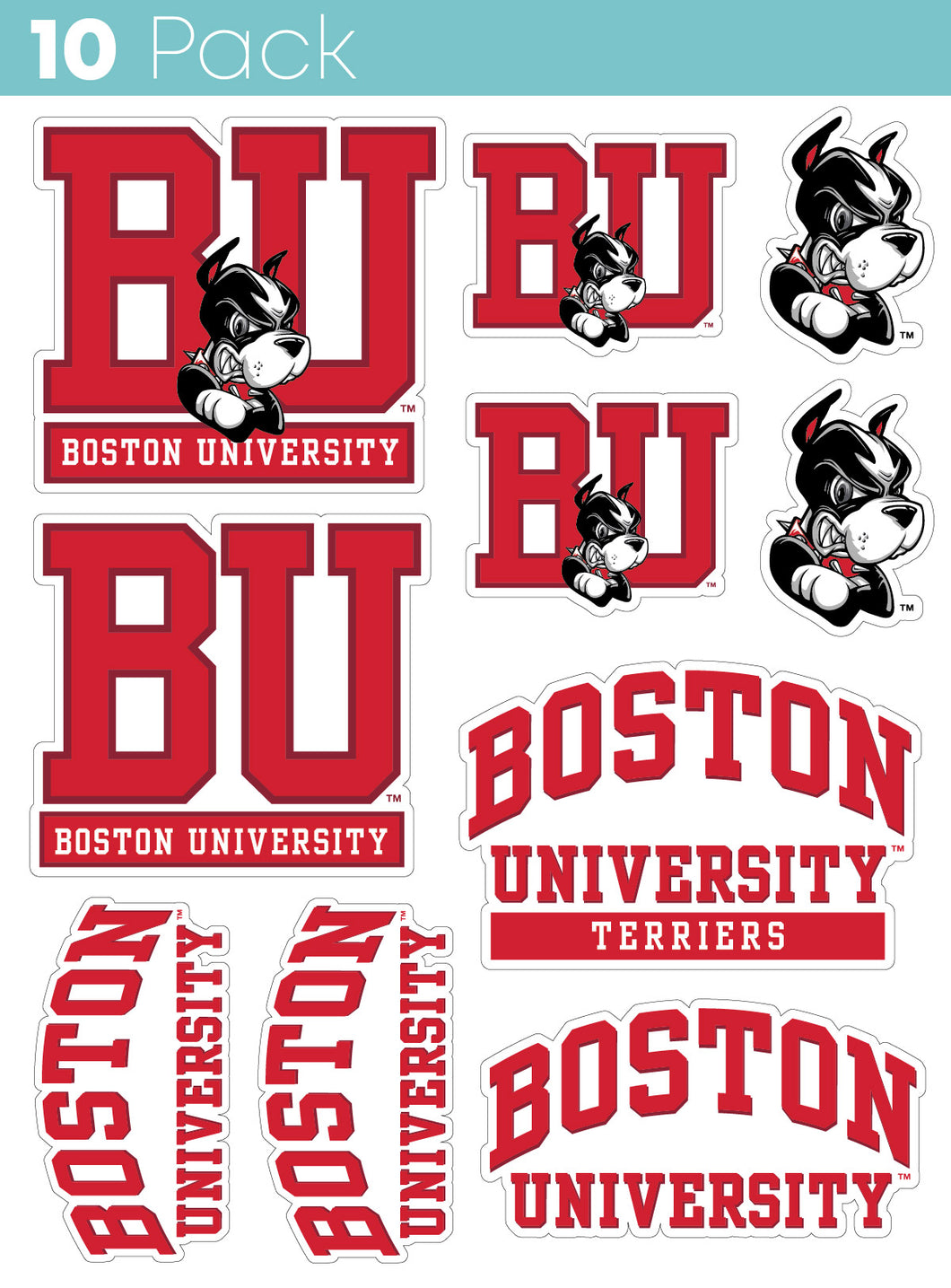 Boston Terriers 10-Pack, 4 inches in size on one of its sides NCAA Durable School Spirit Vinyl Decal Sticker