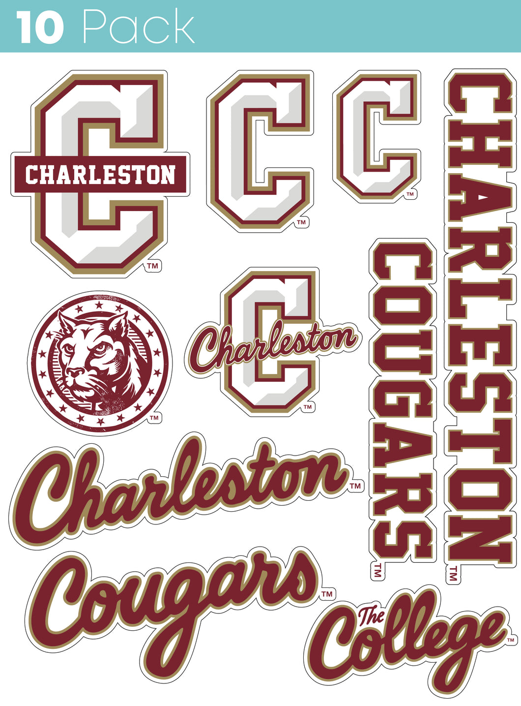 College of Charleston 10-Pack, 4 inches in size on one of its sides NCAA Durable School Spirit Vinyl Decal Sticker