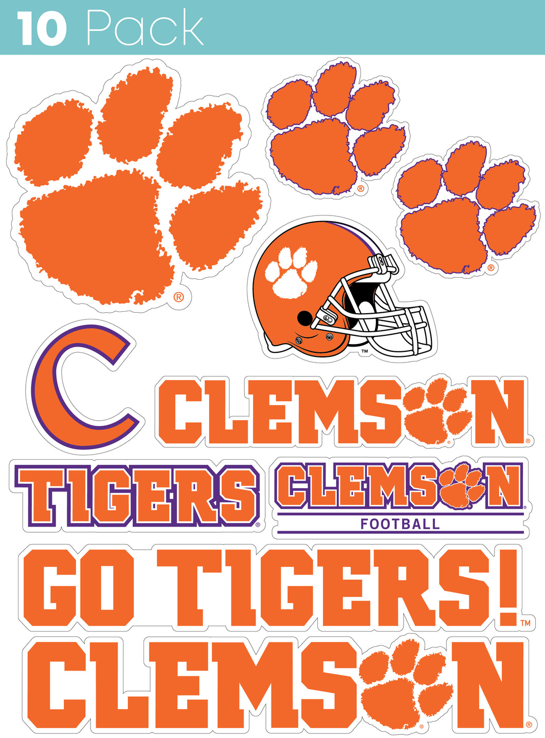 Clemson Tigers 10-Pack, 4 inches in size on one of its sides NCAA Durable School Spirit Vinyl Decal Sticker