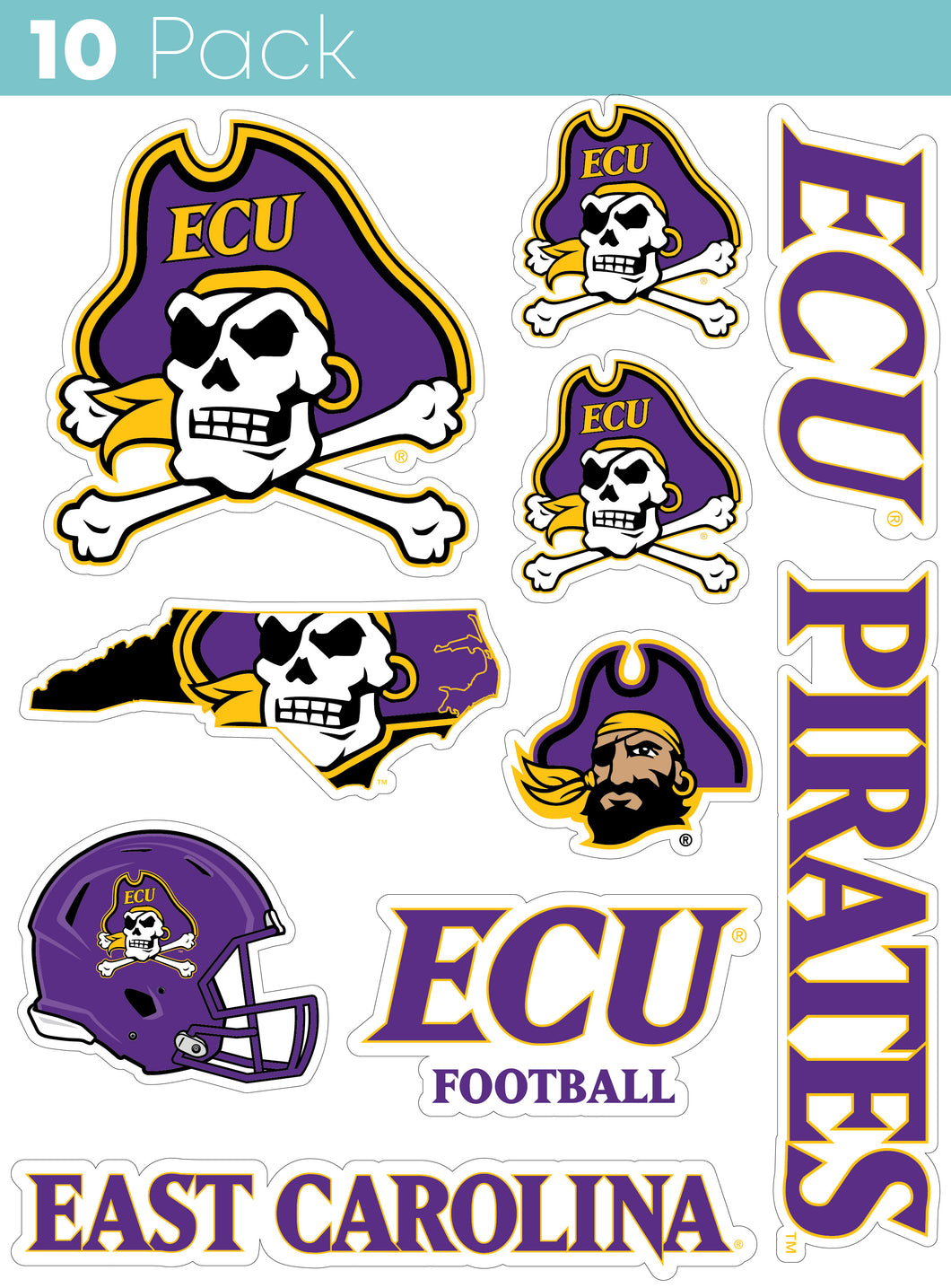 East Carolina Pirates 10-Pack, 4 inches in size on one of its sides NCAA Durable School Spirit Vinyl Decal Sticker