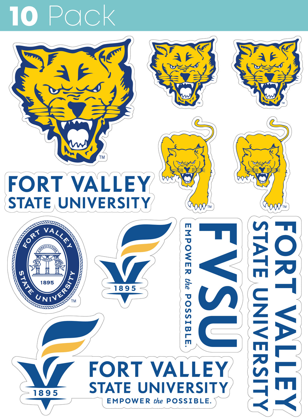 Fort Valley State University 10-Pack, 4 inches in size on one of its sides NCAA Durable School Spirit Vinyl Decal Sticker