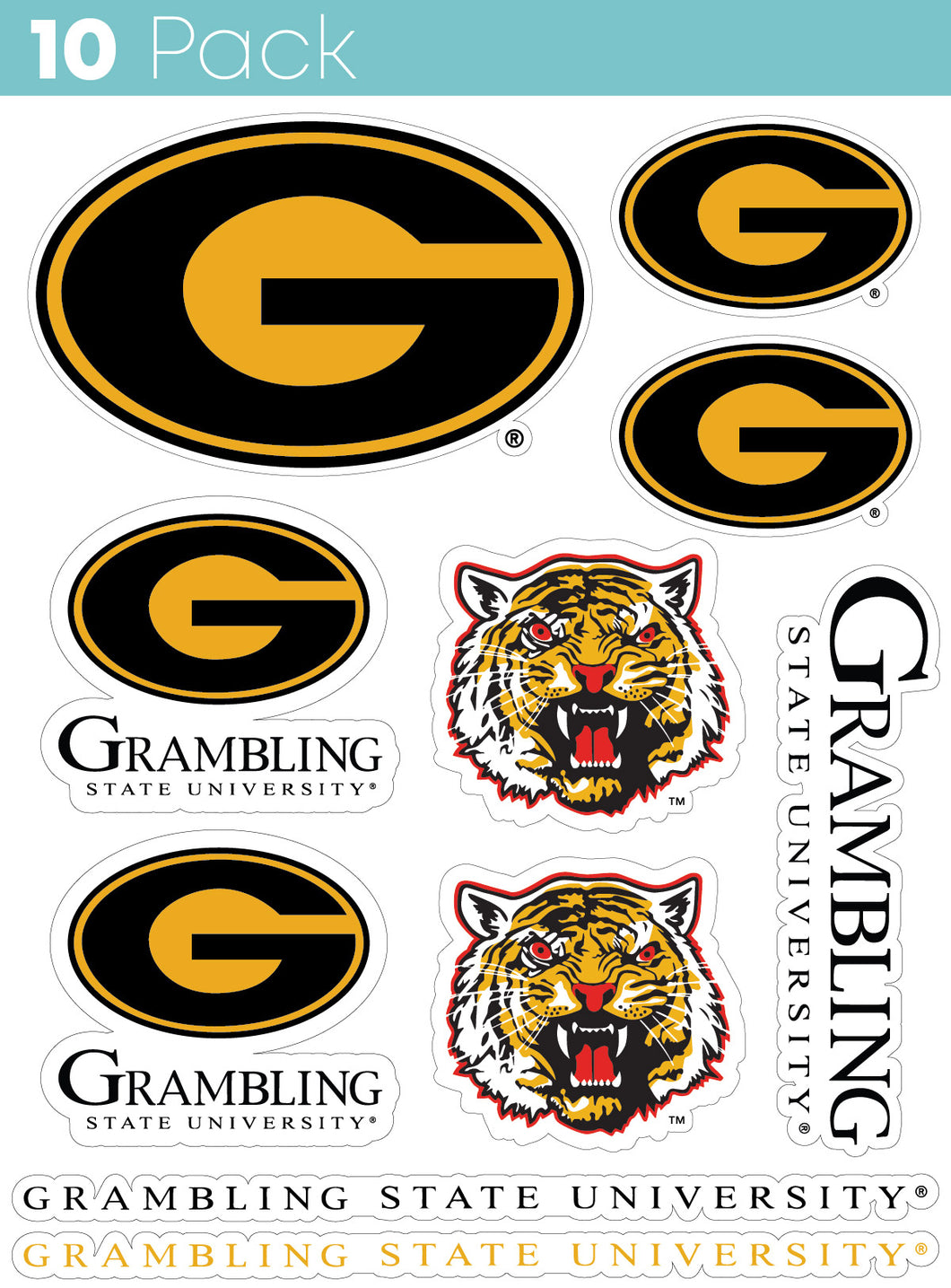 Grambling State Tigers 10-Pack, 4 inches in size on one of its sides NCAA Durable School Spirit Vinyl Decal Sticker