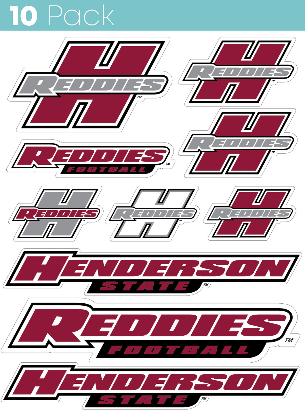 Henderson State Reddies 10-Pack, 4 inches in size on one of its sides NCAA Durable School Spirit Vinyl Decal Sticker