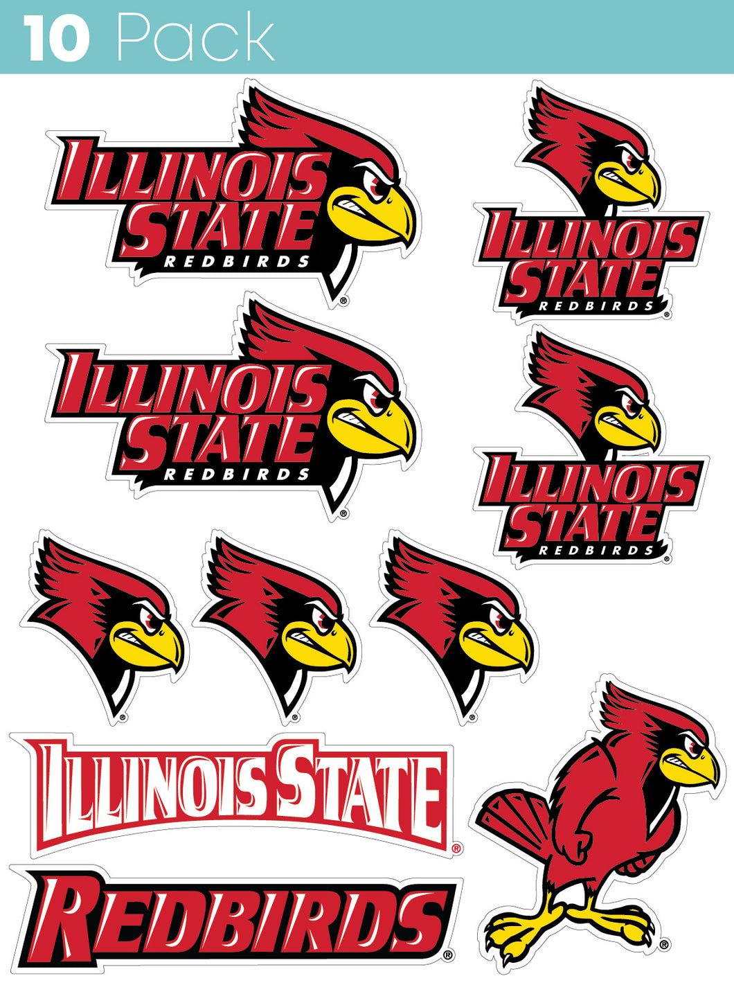 Illinois State Redbirds 10-Pack, 4 inches in size on one of its sides NCAA Durable School Spirit Vinyl Decal Sticker