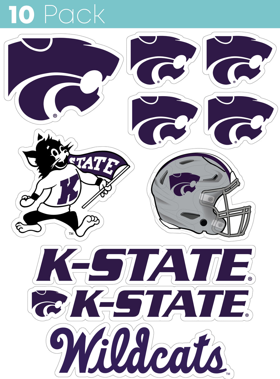 Kansas State Wildcats 10-Pack, 4 inches in size on one of its sides NCAA Durable School Spirit Vinyl Decal Sticker
