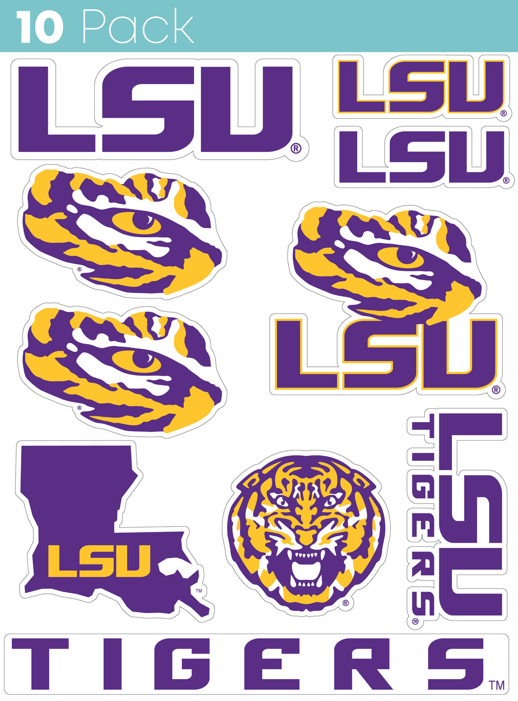 LSU Tigers 10-Pack, 4 inches in size on one of its sides NCAA Durable School Spirit Vinyl Decal Sticker