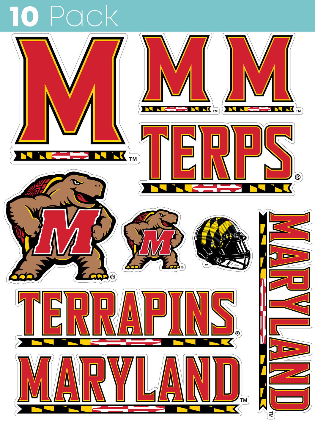 Maryland Terrapins 10-Pack, 4 inches in size on one of its sides NCAA Durable School Spirit Vinyl Decal Sticker