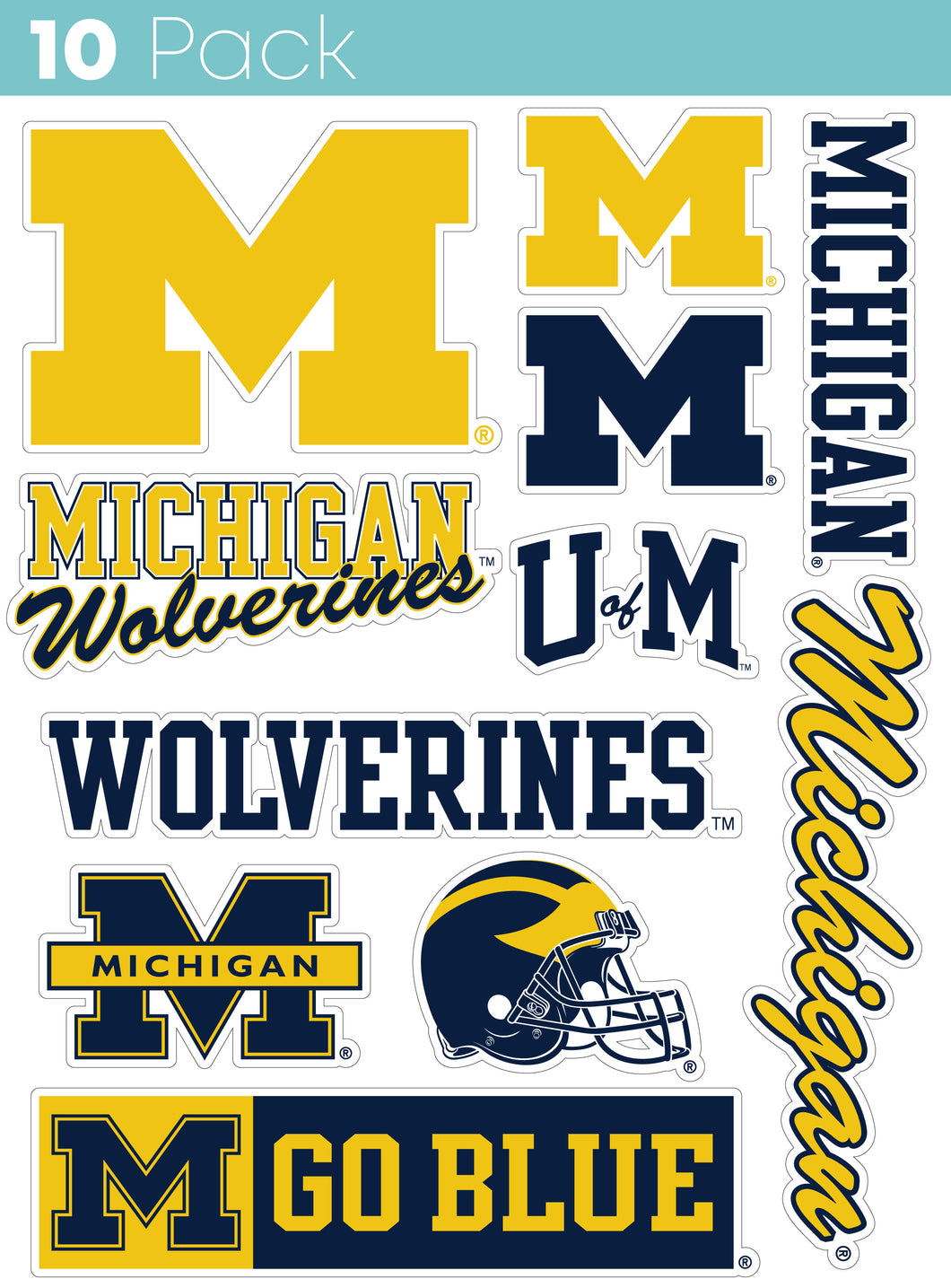 Michigan Wolverines 10-Pack, 4 inches in size on one of its sides NCAA Durable School Spirit Vinyl Decal Sticker