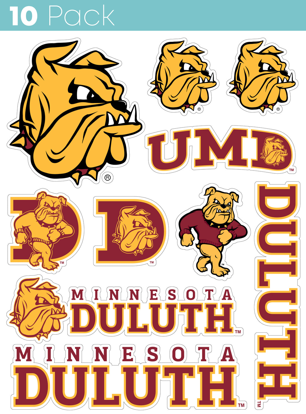 Minnesota Duluth Bulldogs 10-Pack, 4 inches in size on one of its sides NCAA Durable School Spirit Vinyl Decal Sticker