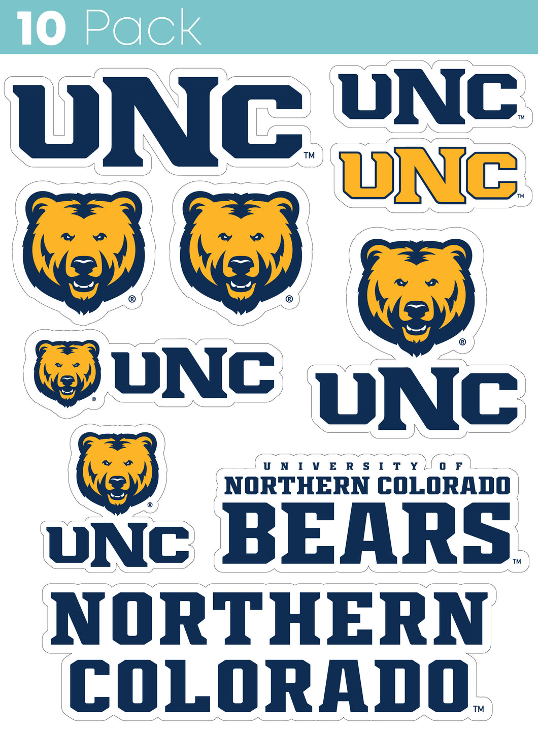 Northern Colorado Bears 10-Pack, 4 inches in size on one of its sides NCAA Durable School Spirit Vinyl Decal Sticker