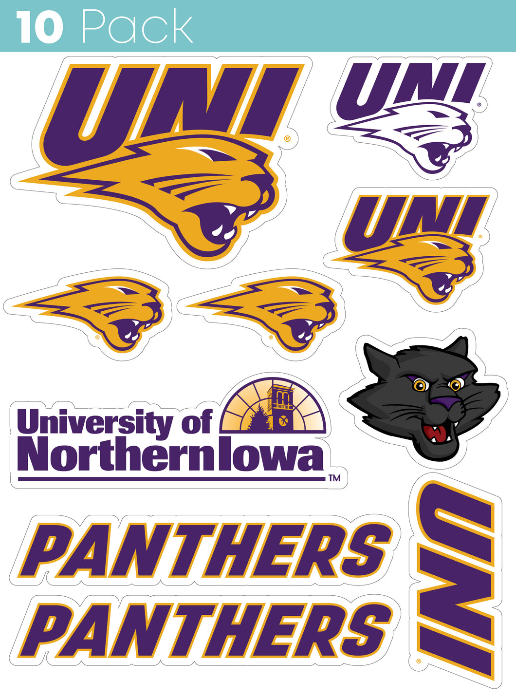 Northern Iowa Panthers 10-Pack, 4 inches in size on one of its sides NCAA Durable School Spirit Vinyl Decal Sticker