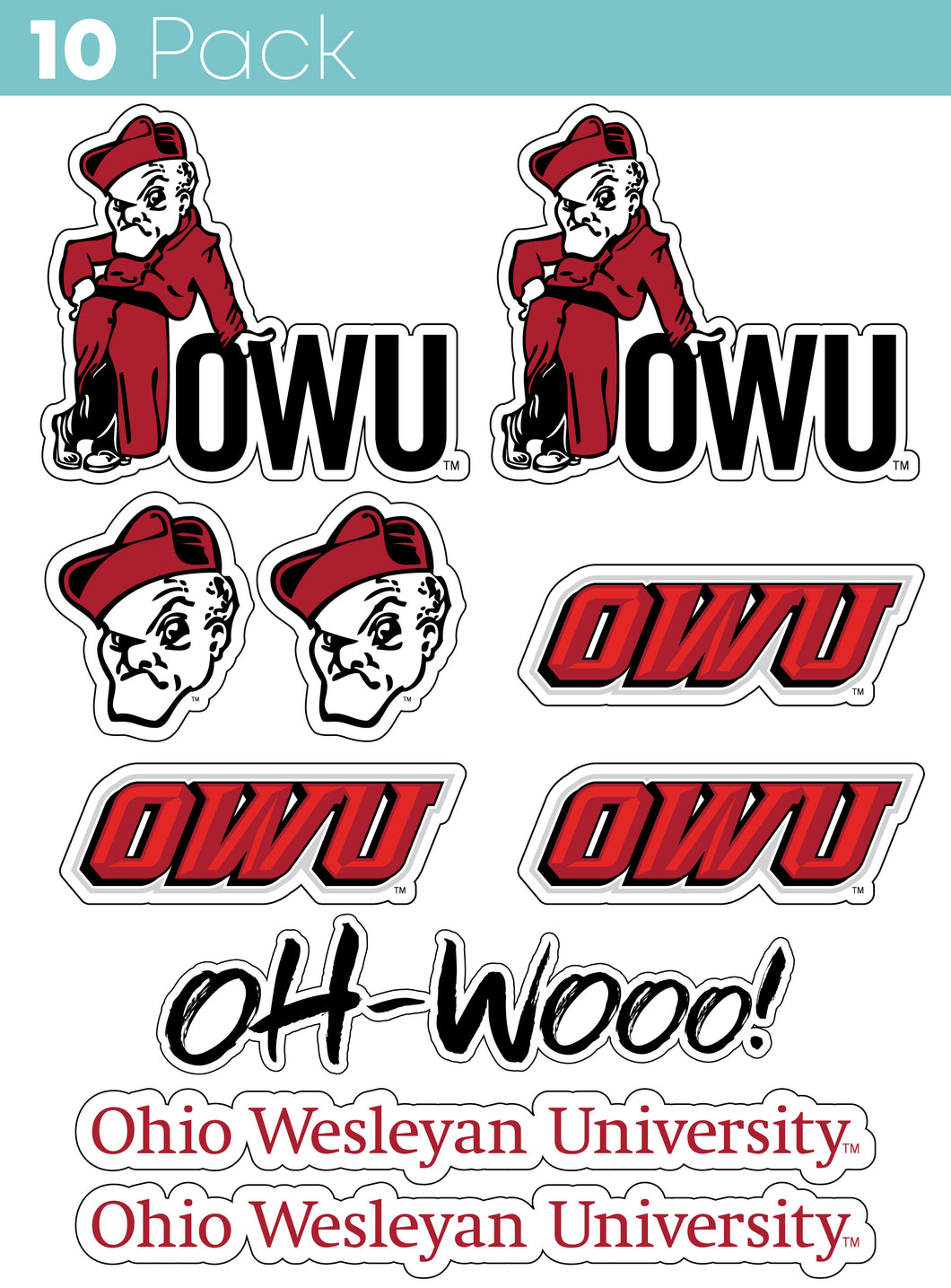 Ohio Wesleyan University 10-Pack, 4 inches in size on one of its sides NCAA Durable School Spirit Vinyl Decal Sticker