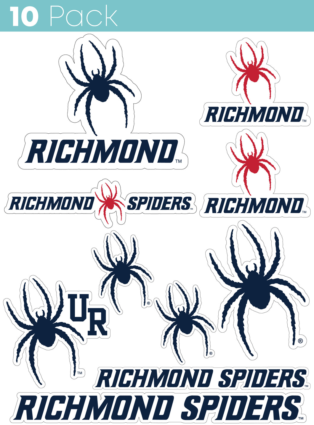 Richmond Spiders 10-Pack, 4 inches in size on one of its sides NCAA Durable School Spirit Vinyl Decal Sticker