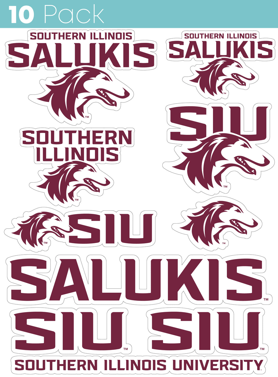Southern Illinois Salukis 10-Pack, 4 inches in size on one of its sides NCAA Durable School Spirit Vinyl Decal Sticker