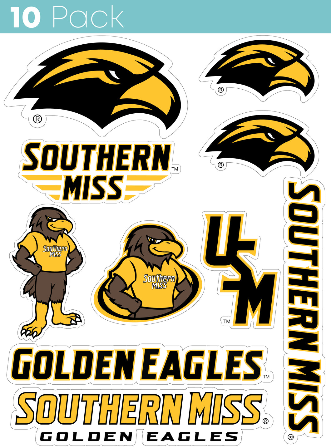 Southern Mississippi Golden Eagles 10-Pack, 4 inches in size on one of its sides NCAA Durable School Spirit Vinyl Decal Sticker