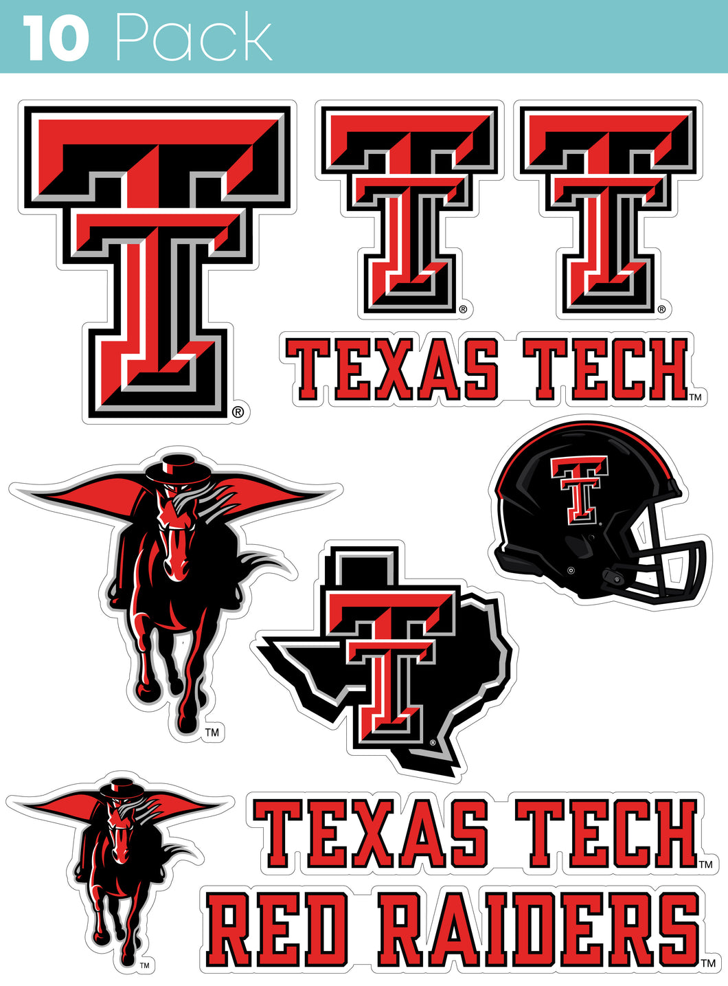 Texas Tech Red Raiders 10-Pack, 4 inches in size on one of its sides NCAA Durable School Spirit Vinyl Decal Sticker