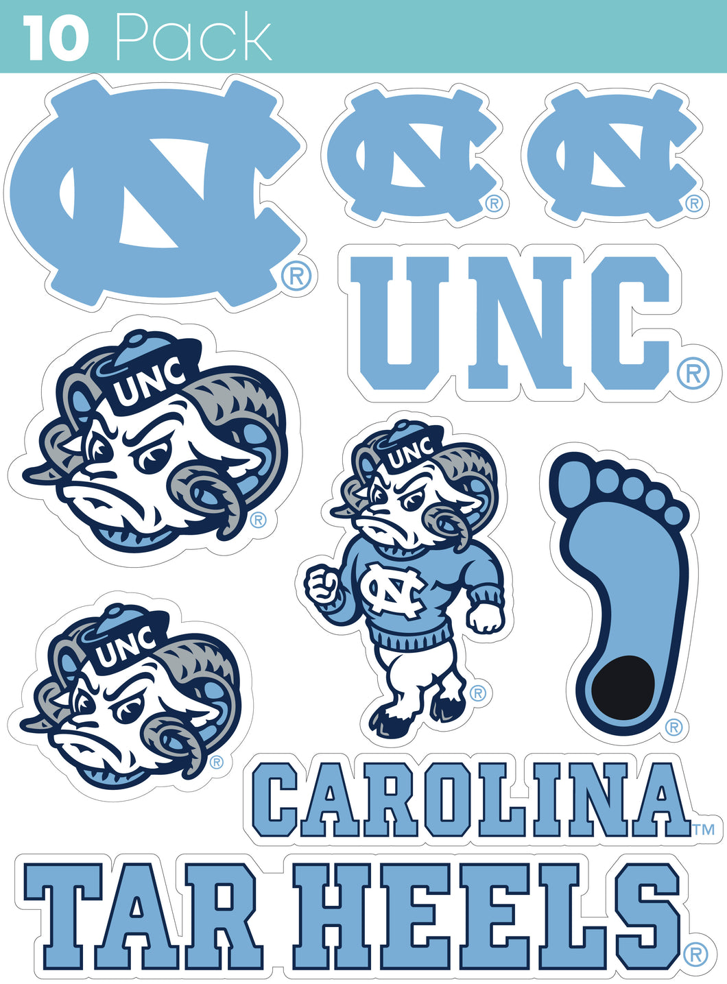 UNC Tar Heels 10-Pack, 4 inches in size on one of its sides NCAA Durable School Spirit Vinyl Decal Sticker