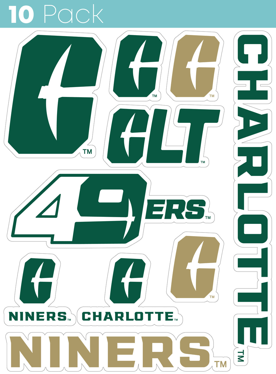 North Carolina Charlotte Forty-Niners 10-Pack, 4 inches in size on one of its sides NCAA Durable School Spirit Vinyl Decal Sticker