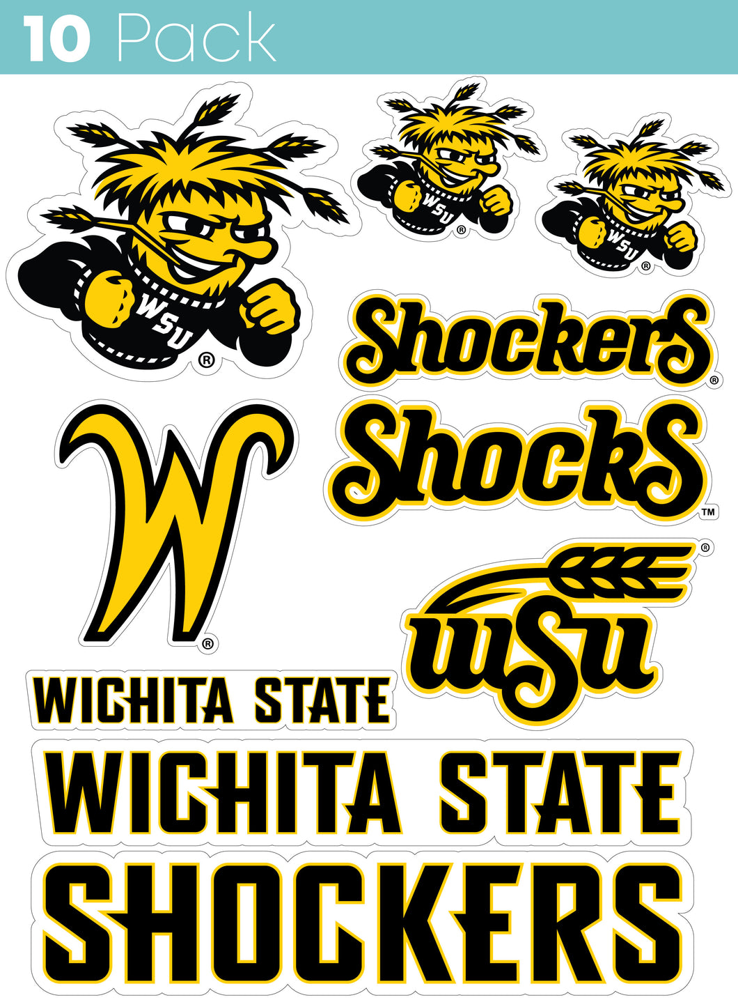 Wichita State Shockers 10-Pack, 4 inches in size on one of its sides NCAA Durable School Spirit Vinyl Decal Sticker