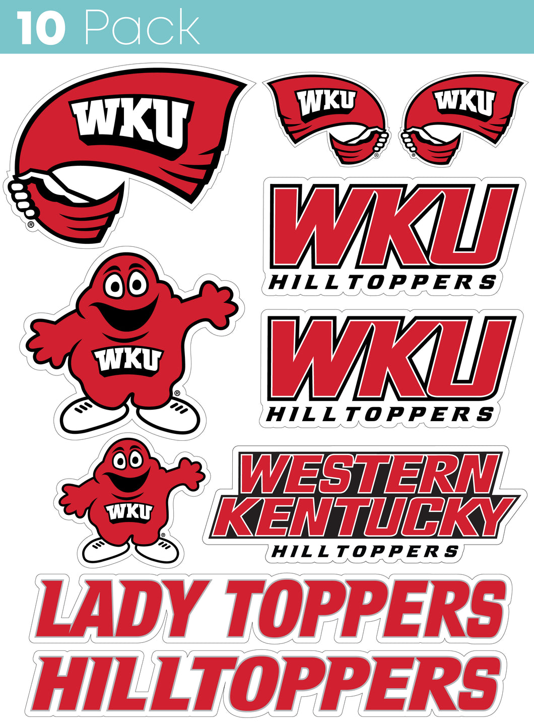 Western Kentucky Hilltoppers 10-Pack, 4 inches in size on one of its sides NCAA Durable School Spirit Vinyl Decal Sticker