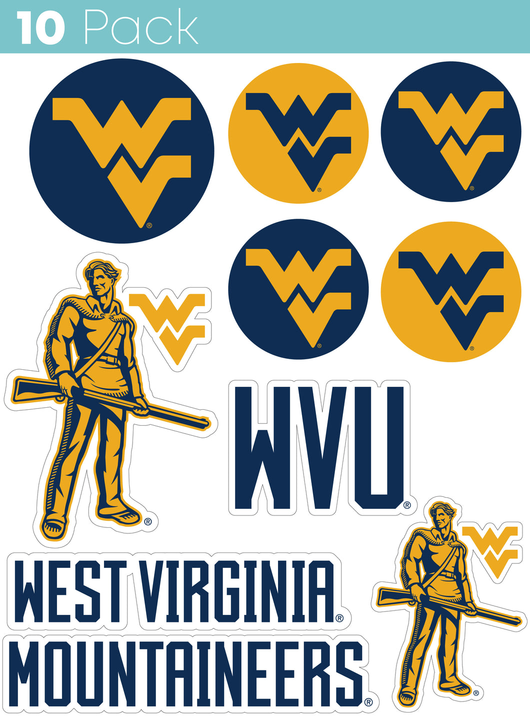 West Virginia Mountaineers 10-Pack, 4 inches in size on one of its sides NCAA Durable School Spirit Vinyl Decal Sticker