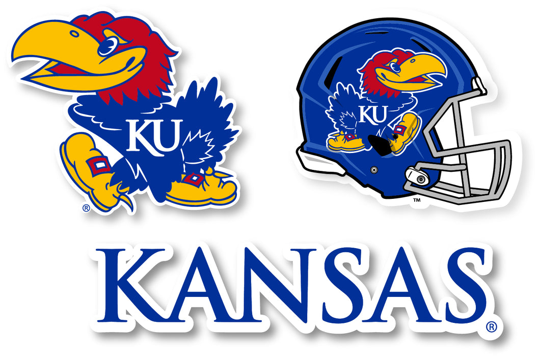 Kansas Jayhawks 3 Pack 4-Inch Each NCAA Durable School Spirit Vinyl Decal Sticker