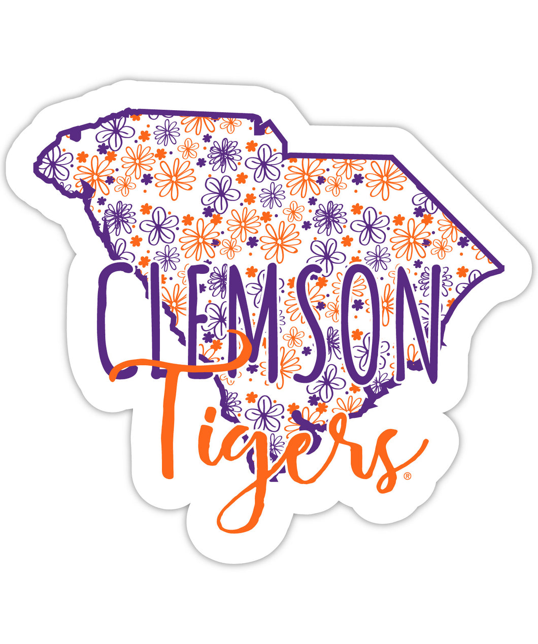 Clemson Tigers 4-Inch State Shaped NCAA Floral Love Vinyl Sticker - Blossoming School Spirit Decal