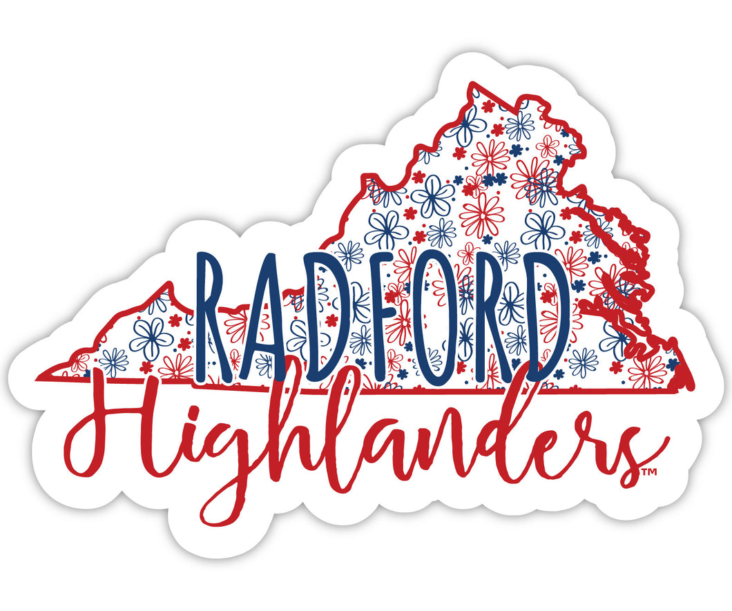Radford University Highlanders 4-Inch State Shaped NCAA Floral Love Vinyl Sticker - Blossoming School Spirit Decal