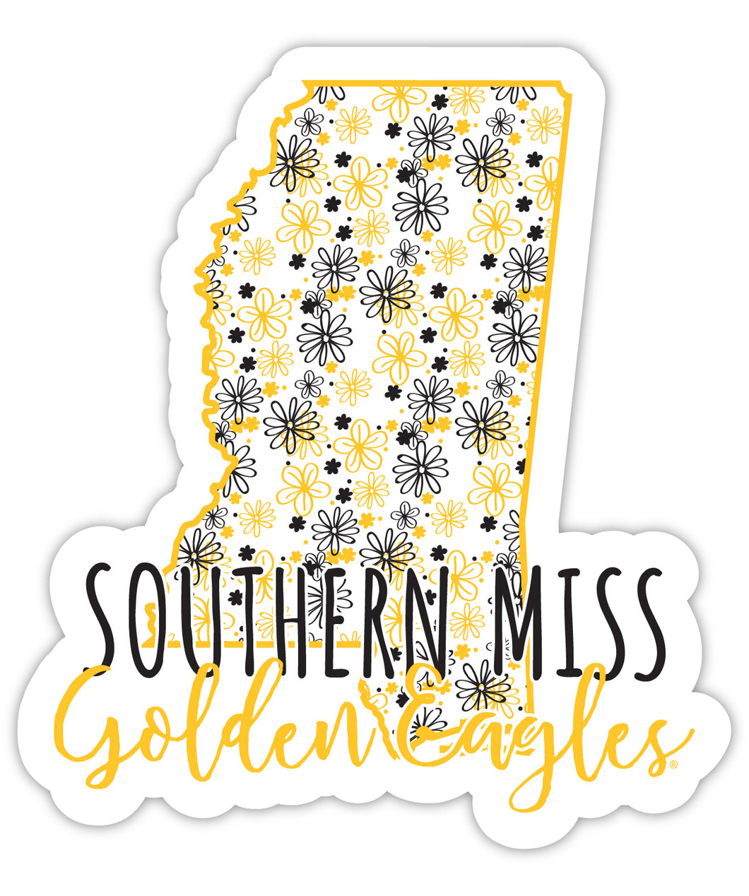 Southern Mississippi Golden Eagles 4-Inch State Shaped NCAA Floral Love Vinyl Sticker - Blossoming School Spirit Decal