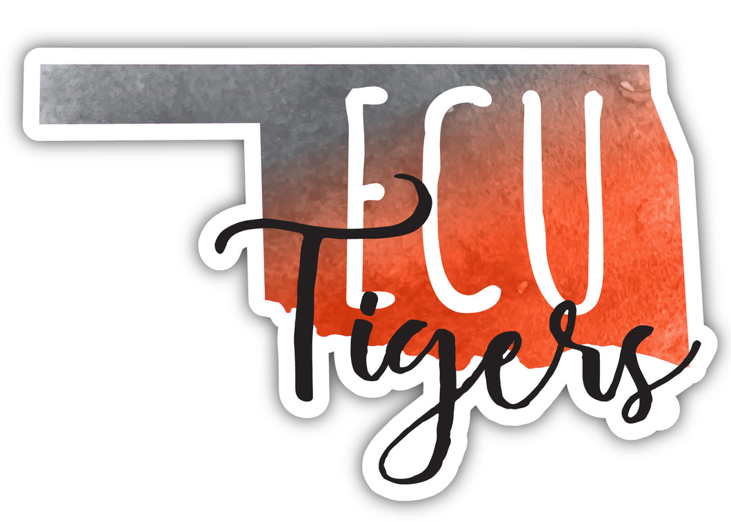 East Central University Tigers 4-Inch Watercolor State Shaped NCAA Vinyl Decal Sticker for Fans, Students, and Alumni