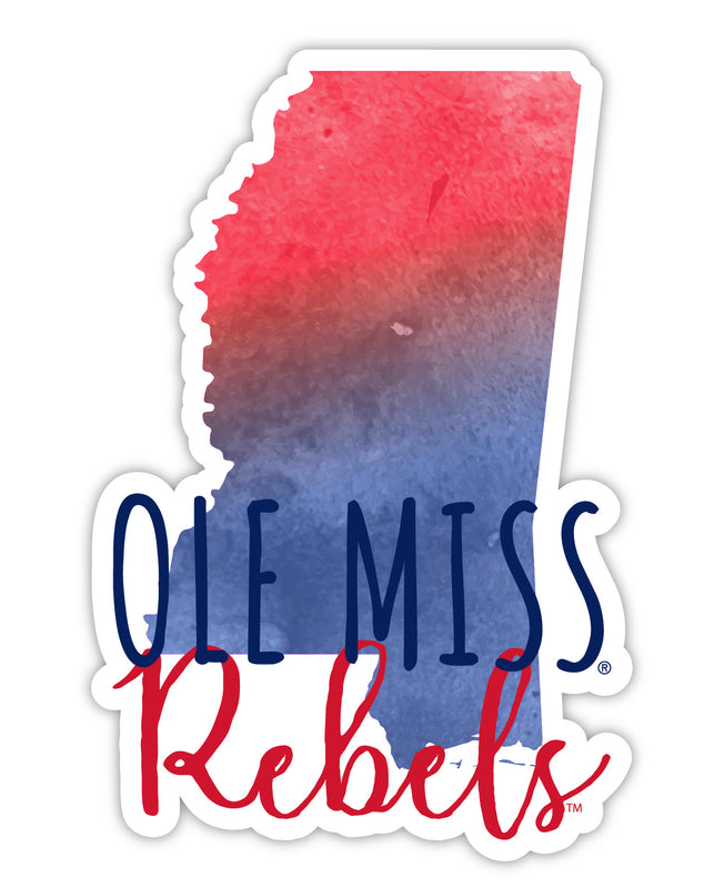 Mississippi Rebels "Ole Miss" 4-Inch Watercolor State Shaped NCAA Vinyl Decal Sticker for Fans, Students, and Alumni