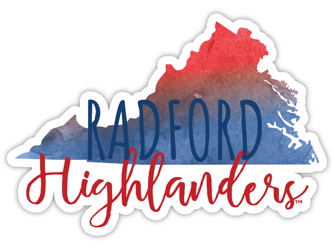 Radford University Highlanders 4-Inch Watercolor State Shaped NCAA Vinyl Decal Sticker for Fans, Students, and Alumni