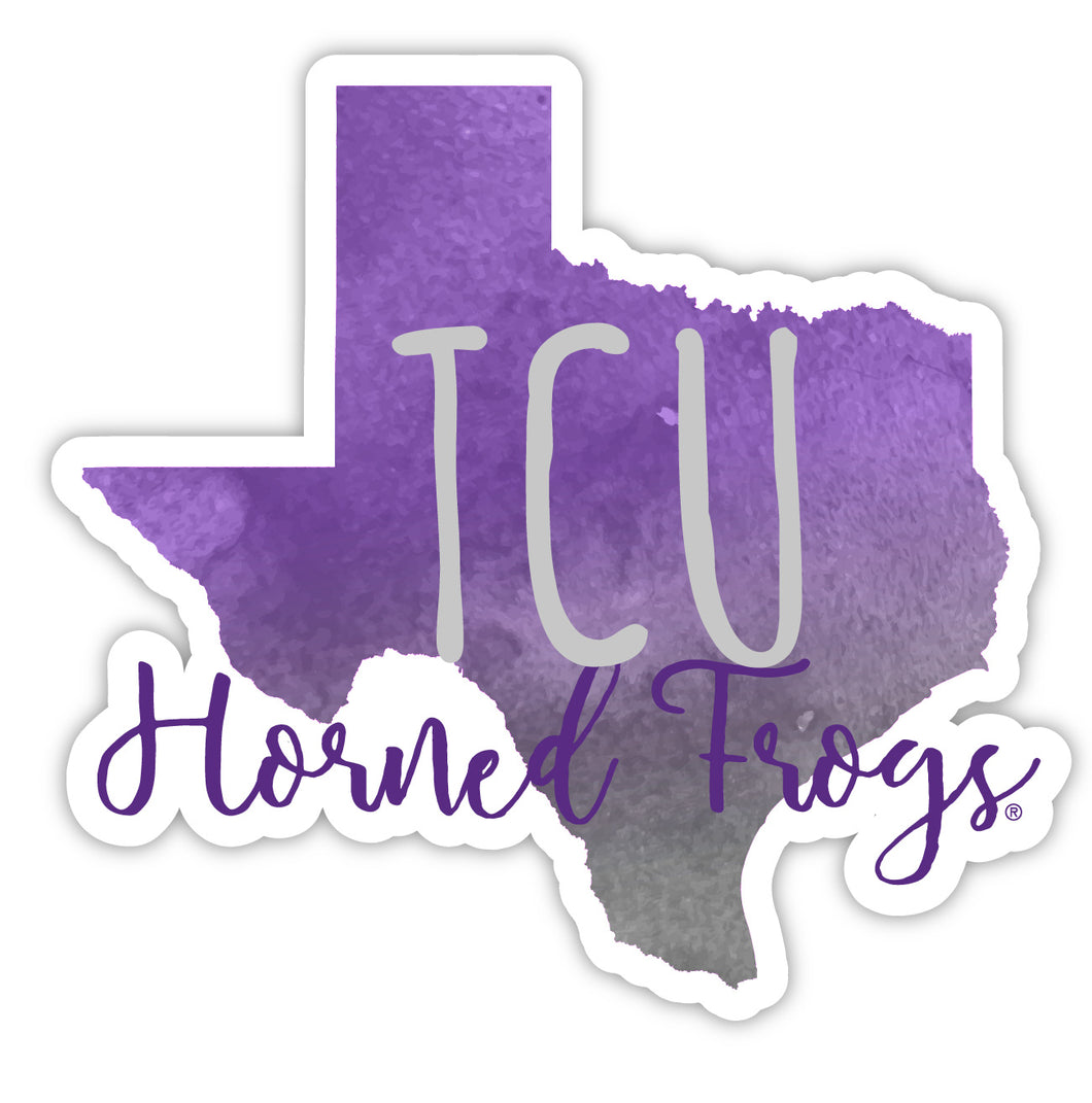 Texas Christian University 4-Inch Watercolor State Shaped NCAA Vinyl Decal Sticker for Fans, Students, and Alumni