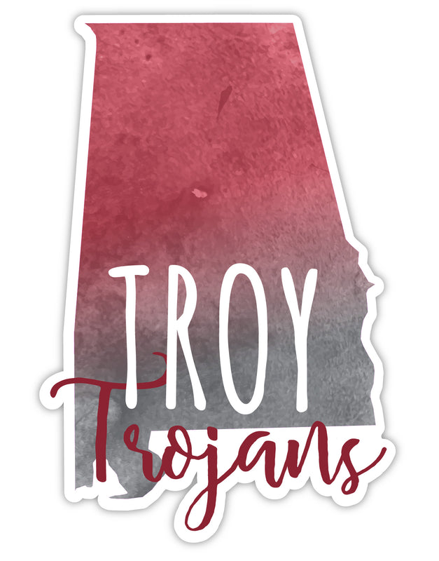 Troy University 4-Inch Watercolor State Shaped NCAA Vinyl Decal Sticker for Fans, Students, and Alumni