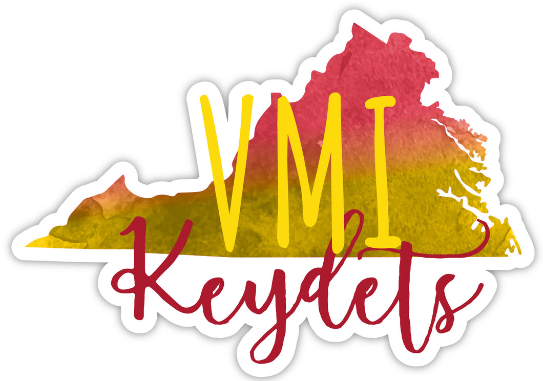 VMI Keydets 4-Inch Watercolor State Shaped NCAA Vinyl Decal Sticker for Fans, Students, and Alumni