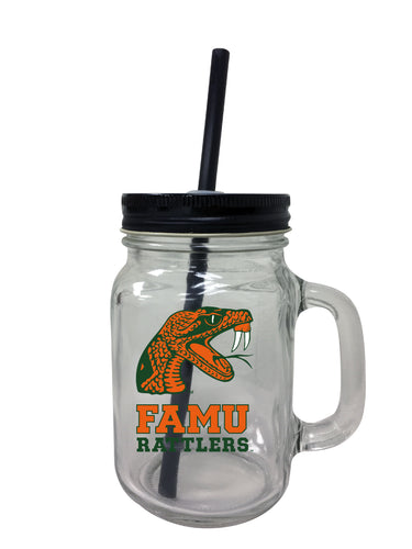Florida A&M Rattlers NCAA Iconic Mason Jar Glass - Officially Licensed Collegiate Drinkware with Lid and Straw 2-Pack