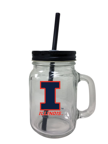 Illinois Fighting Illini NCAA Iconic Mason Jar Glass - Officially Licensed Collegiate Drinkware with Lid and Straw 2-Pack