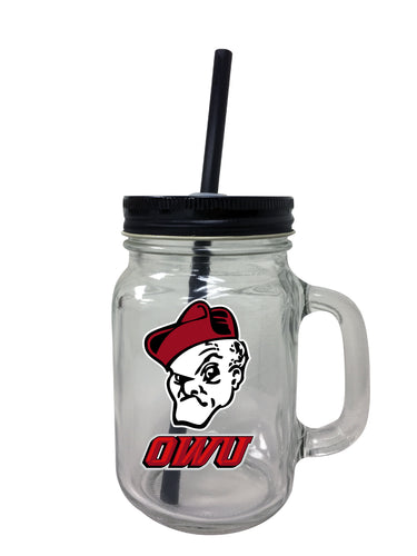Ohio Wesleyan University NCAA Iconic Mason Jar Glass - Officially Licensed Collegiate Drinkware with Lid and Straw 2-Pack