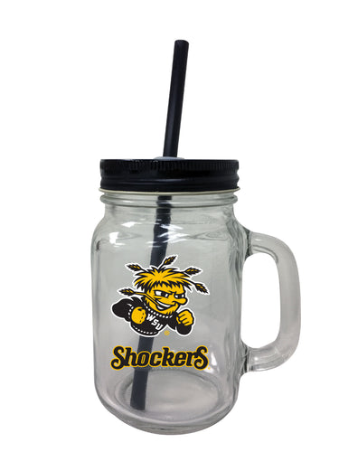 Wichita State Shockers NCAA Iconic Mason Jar Glass - Officially Licensed Collegiate Drinkware with Lid and Straw 2-Pack