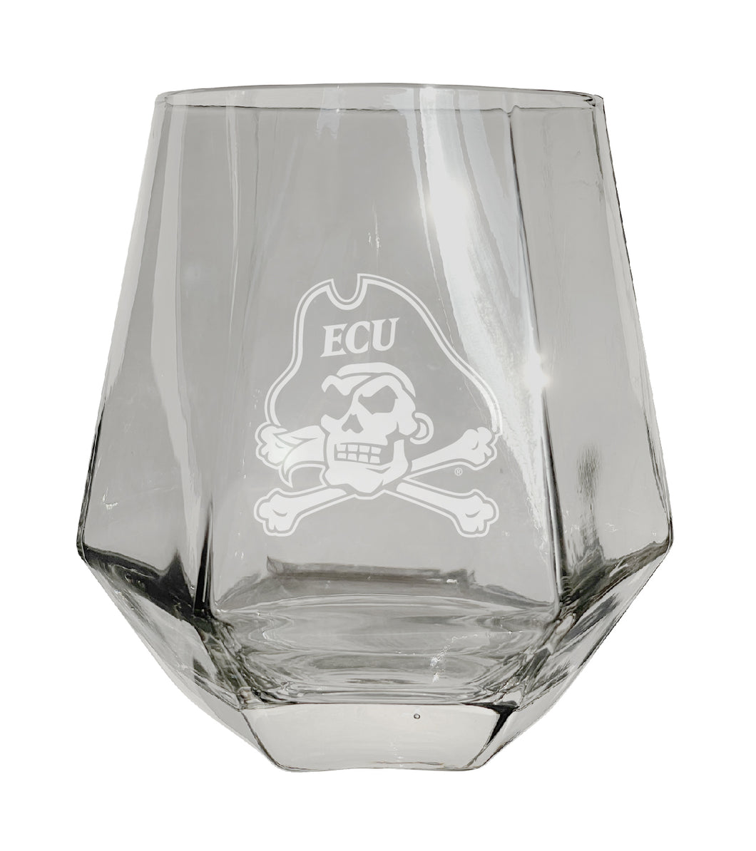 East Carolina Pirates Tigers Etched Diamond Cut 10 oz Stemless Wine Glass - NCAA Licensed