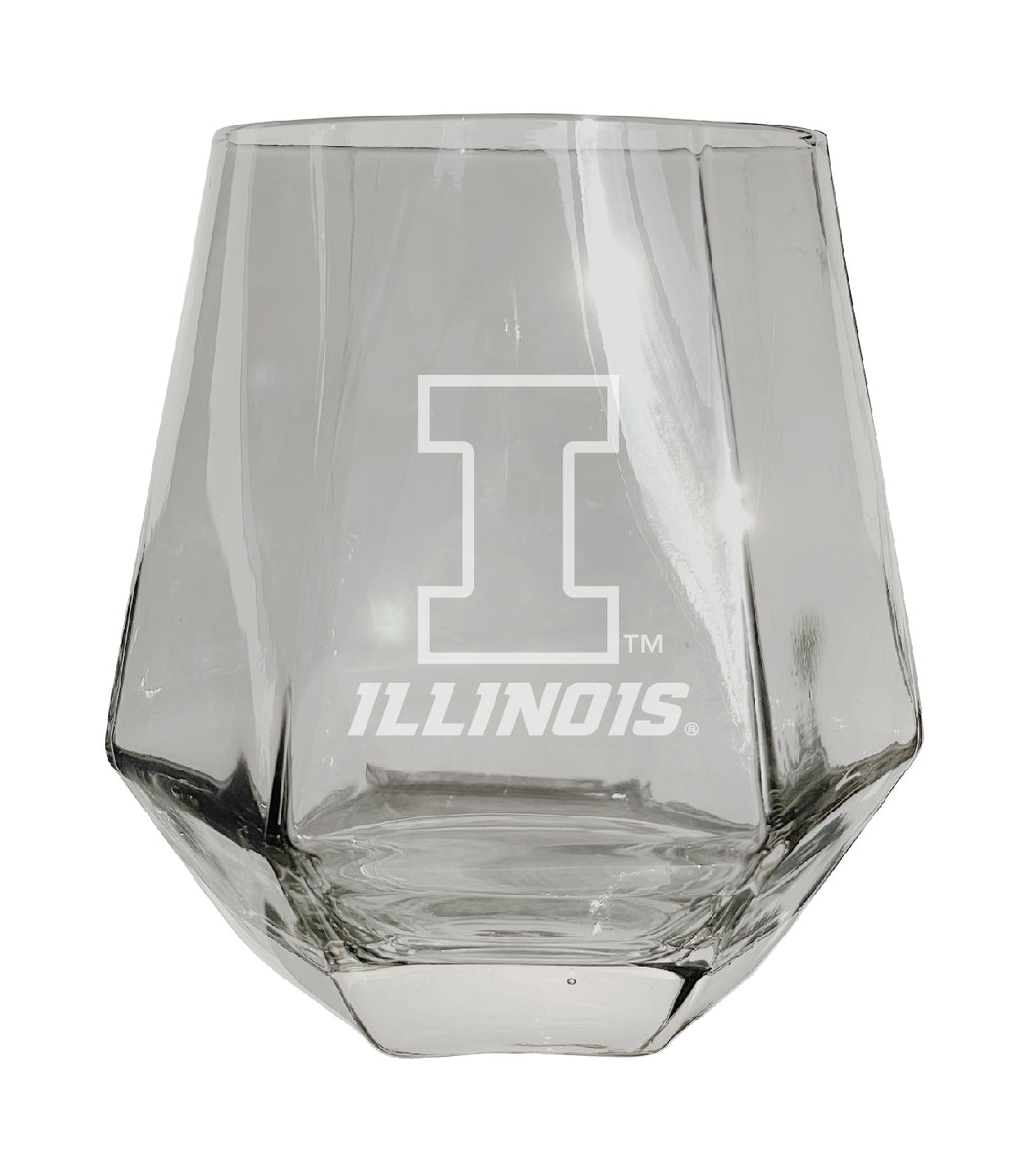 Illinois Fighting Illini Tigers Etched Diamond Cut 10 oz Stemless Wine Glass - NCAA Licensed