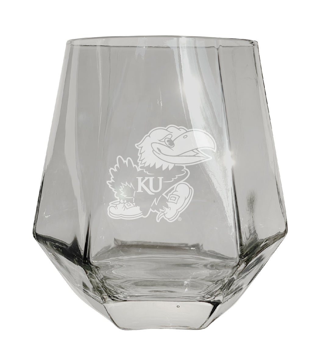 Kansas Jayhawks Tigers Etched Diamond Cut 10 oz Stemless Wine Glass - NCAA Licensed