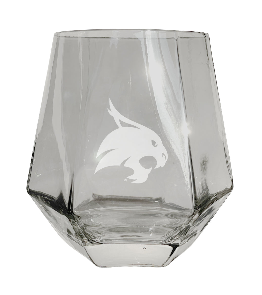 Texas State Bobcats Etched Diamond Cut Stemless 10 ounce Wine Glass Clear