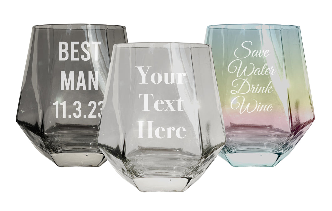 Customizable 10 oz Etched Stemless Diamond Stemless Wine Glass Engraved Personalized with Message