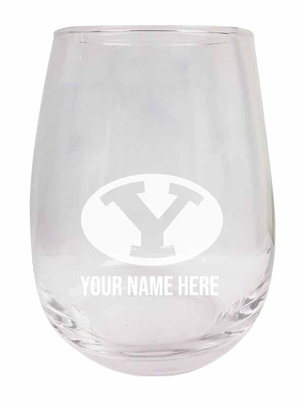 Personalized Customizable Brigham Young Cougars Etched Stemless Wine Glass 9 oz With Custom Name