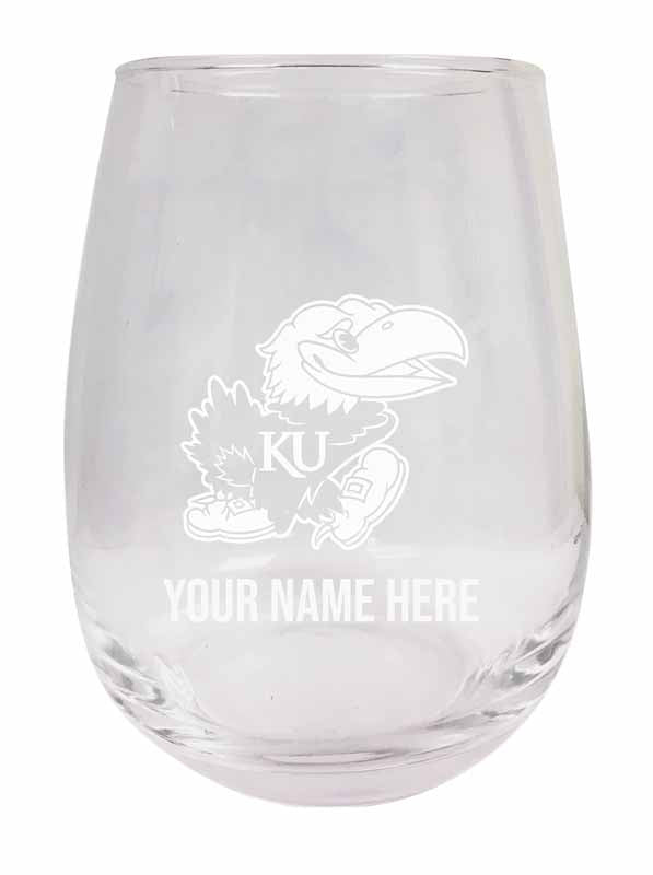 Personalized Customizable Kansas Jayhawks Etched Stemless Wine Glass 9 oz With Custom Name