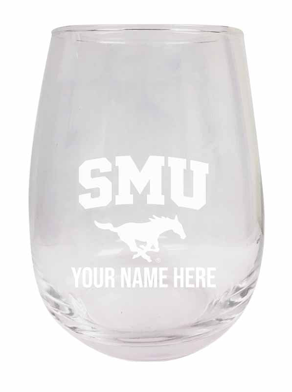 Personalized Customizable Southern Methodist University Etched Stemless Wine Glass 9 oz With Custom Name