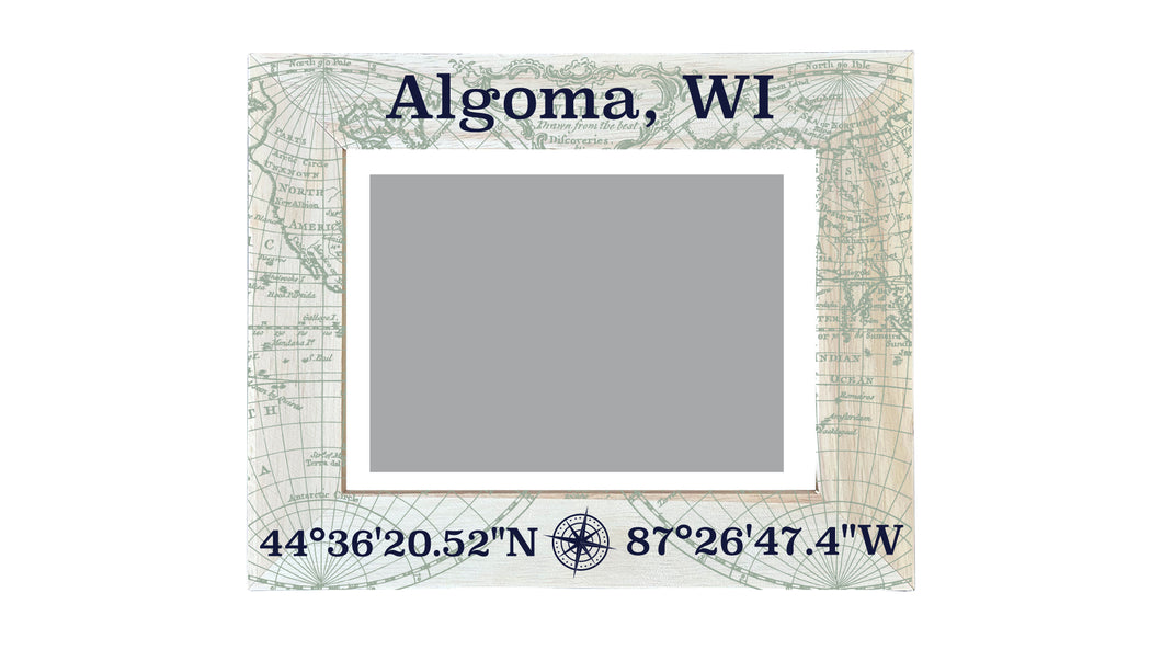 Algoma Wisconsin Souvenir Wooden Photo Frame Compass Coordinates Design Matted to 4 x 6