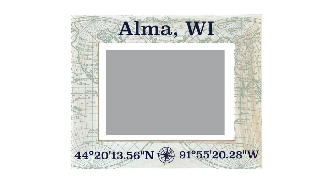 Alma Wisconsin Souvenir Wooden Photo Frame Compass Coordinates Design Matted to 4 x 6